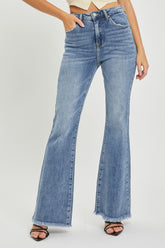 RISEN Women's High Waist Raw Hem Flare Jeans - Retro Chic Denim for Fashion-Forward Styles